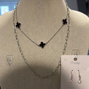 Elegant Silver and Black Clover Necklace Set